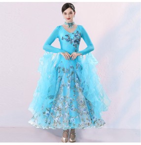 Turquoise pink purple competition ballroom dance dresses for women girls aqua waltz tango foxtrot smooth flamenco flowers dance long gown for female